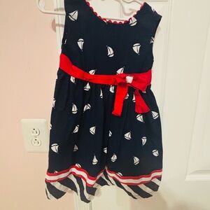 Blueberi Boulevard Navy Dress with Sailboat Print and Red Bow
